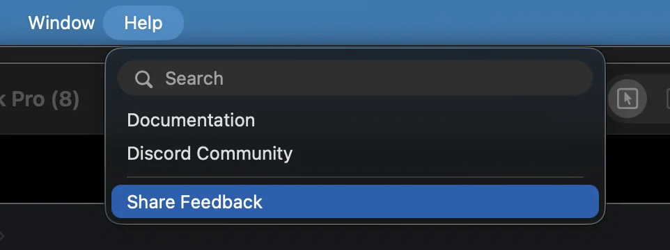 The Vellum desktop app's Help menu opened from the macOS menu bar, showing Documentation, Discord Community, and Share Feedback items with Share Feedback highlighted.