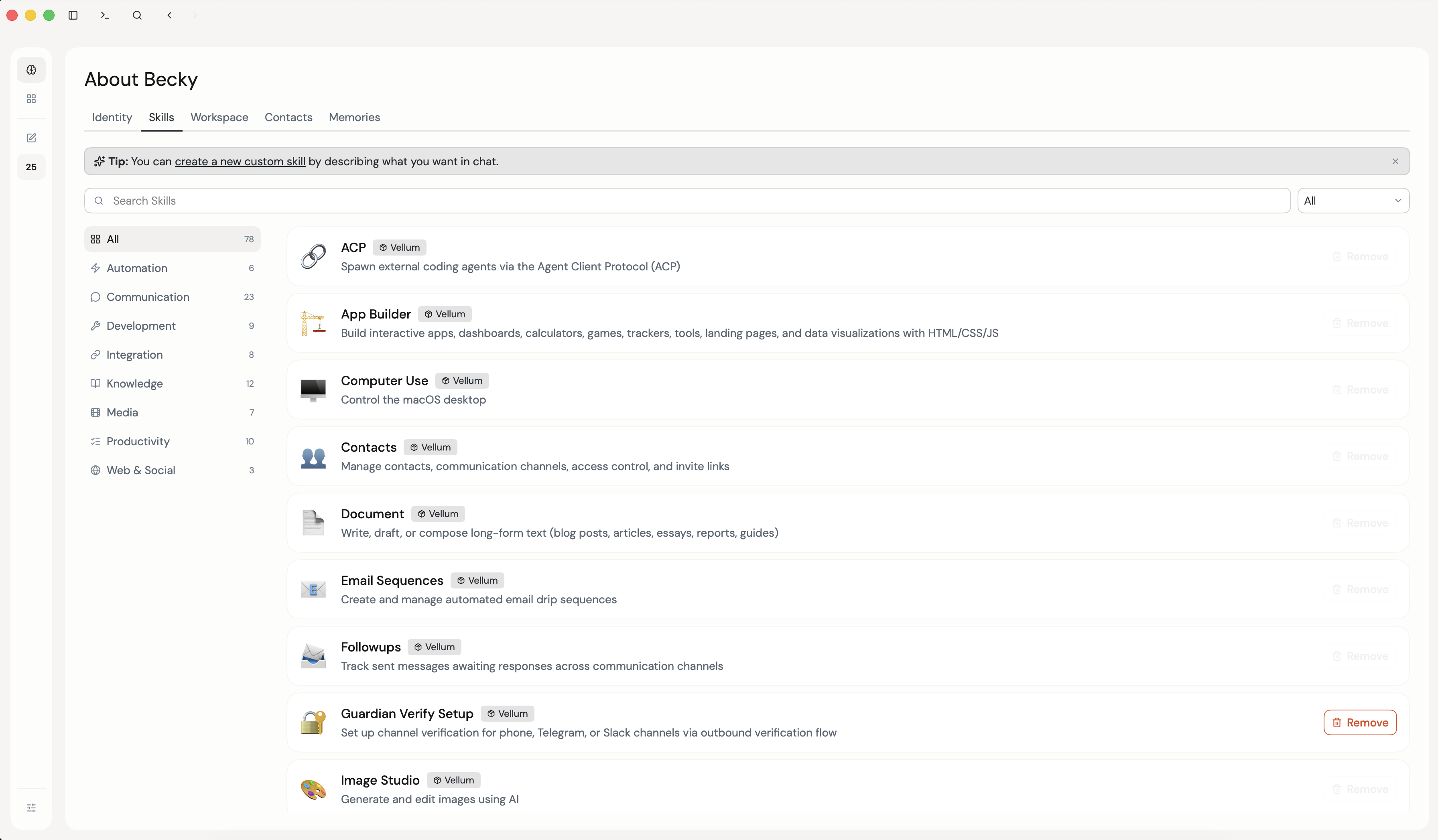 The Skills tab on the About Becky screen, showing the list of installed skills with icons, descriptions, and category filters in the sidebar